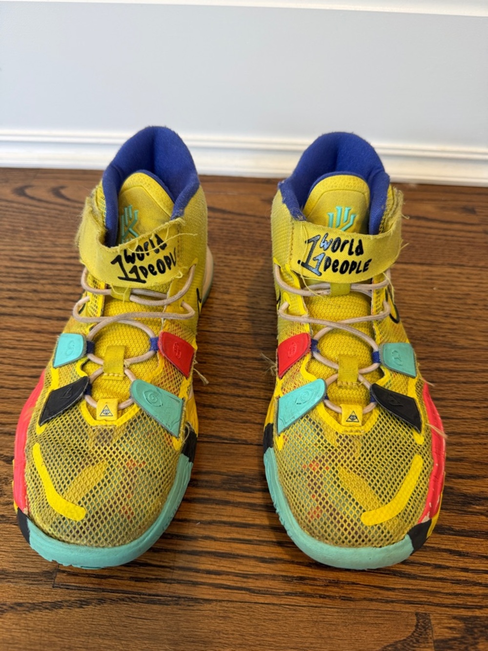 Nike Kyrie 7 Kids Yellow Multi-Color Sneakers with Teal & Red Accents